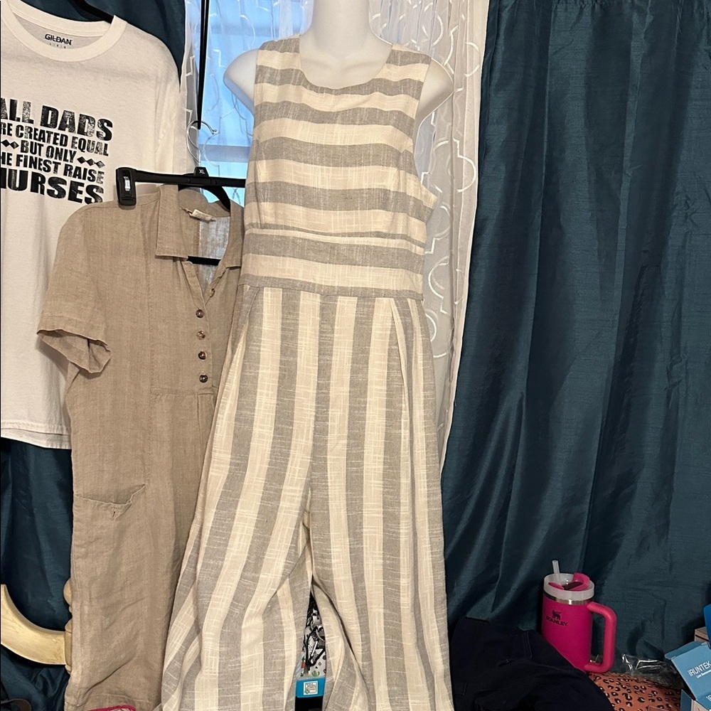Sugar White and Gray Linen Fabric Jumpsuit.